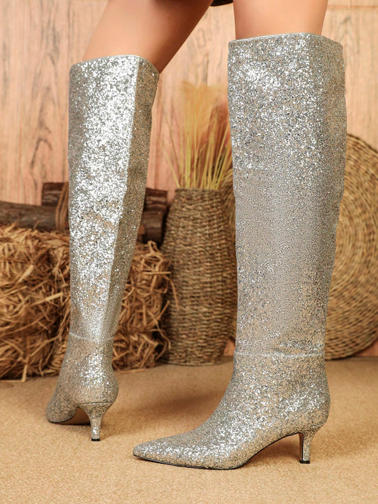 Women's Fashionable Glittery Silver Decorated Classic Knee High Boots