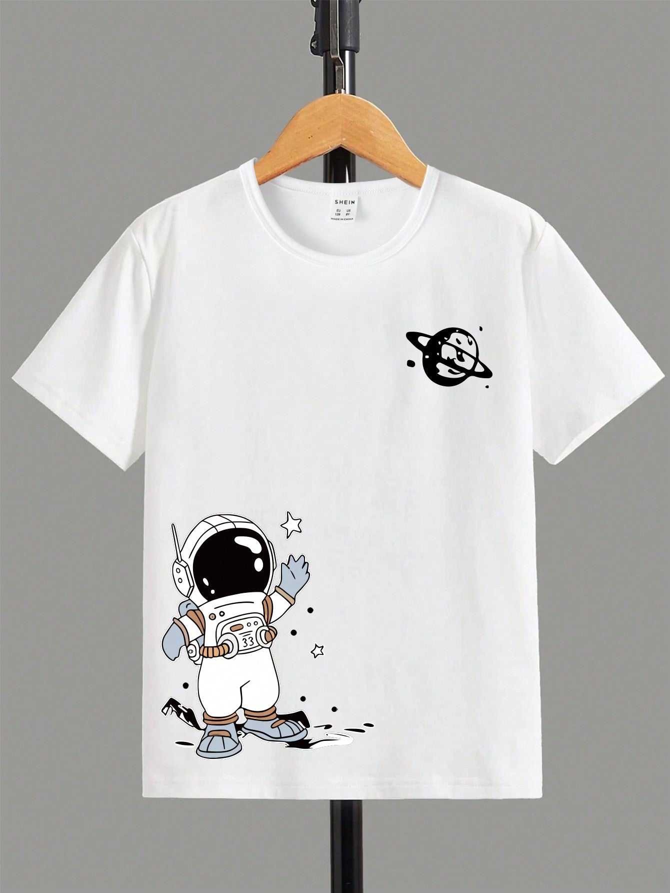 1pc Tween Boys' Astronaut Cartoon Printed Basic Short Sleeve Round Neck T-Shirt