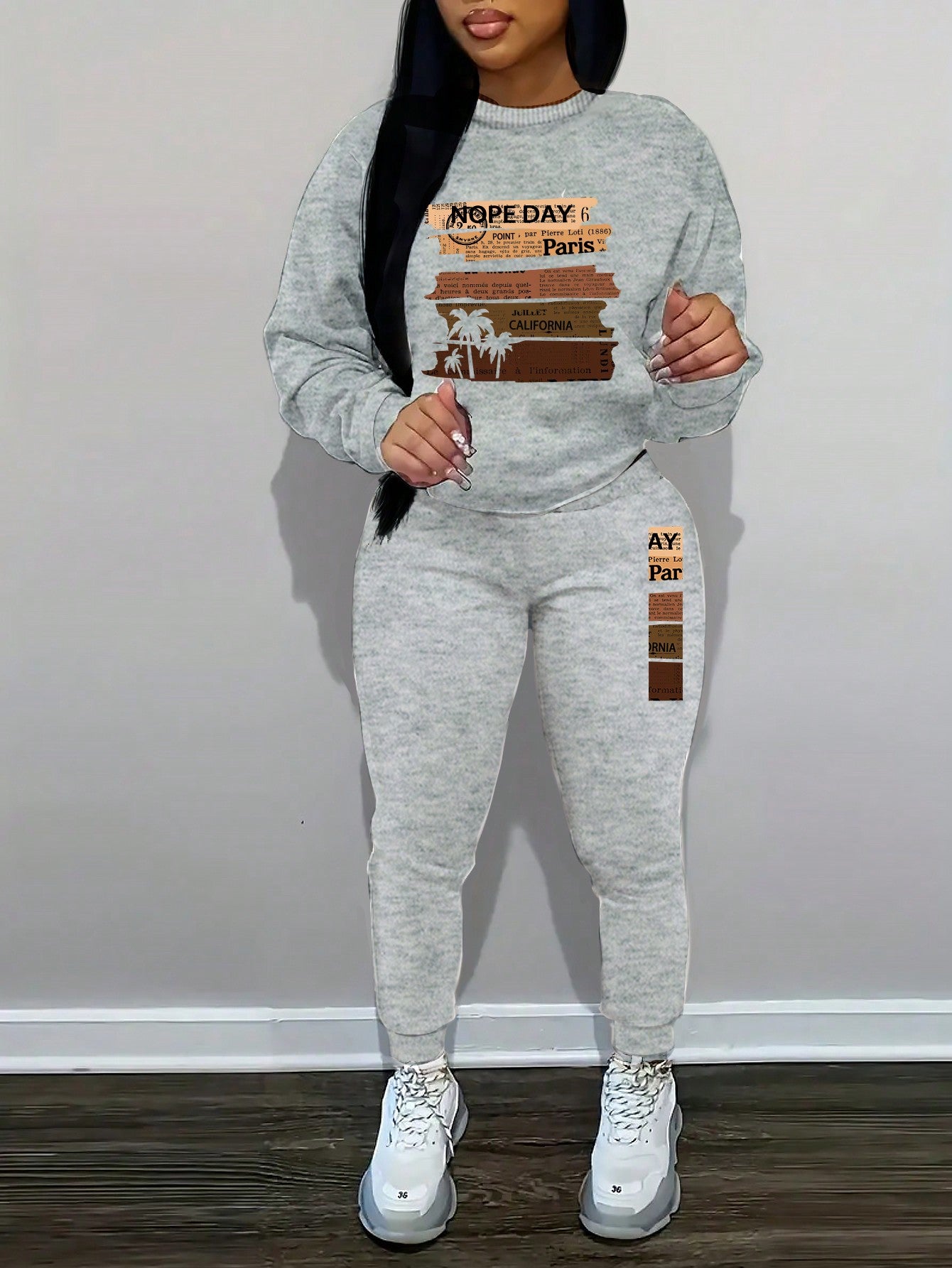 Women's Bear Pattern Printed Round Neck Long Sleeve Sweatshirt And Sweatpants Set