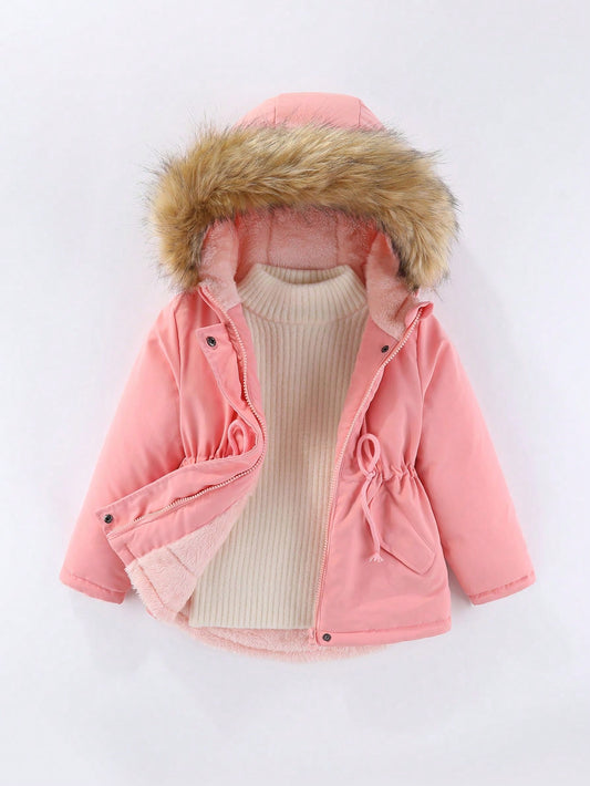 Little Girls' Hooded Mid-Length Outdoor Casual Thickened Coat With Adjustable Waist For Winter