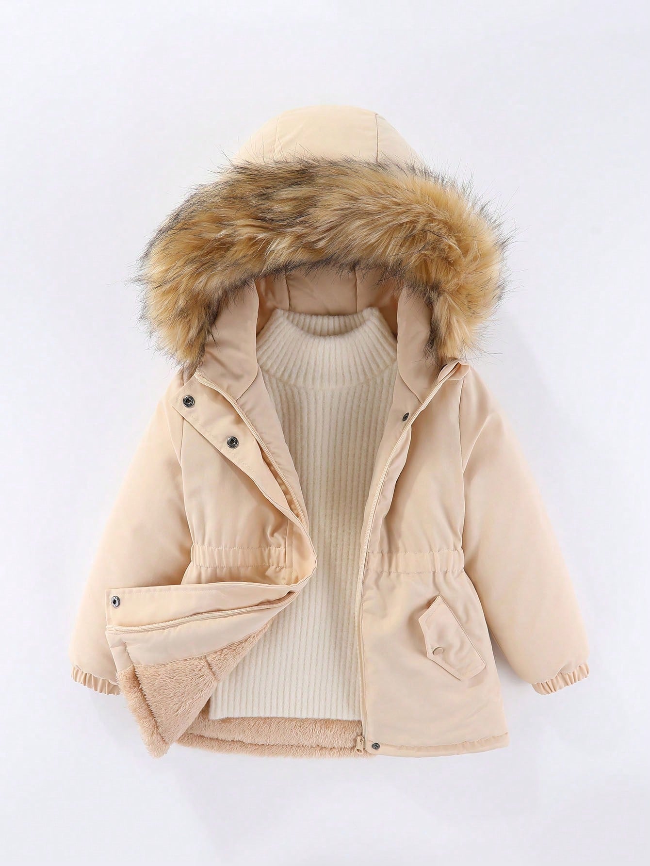 Young Girl Mid-Length Fleece-Lined Coat With Drawstring Waist, Hood And Collar For Autumn/Winter