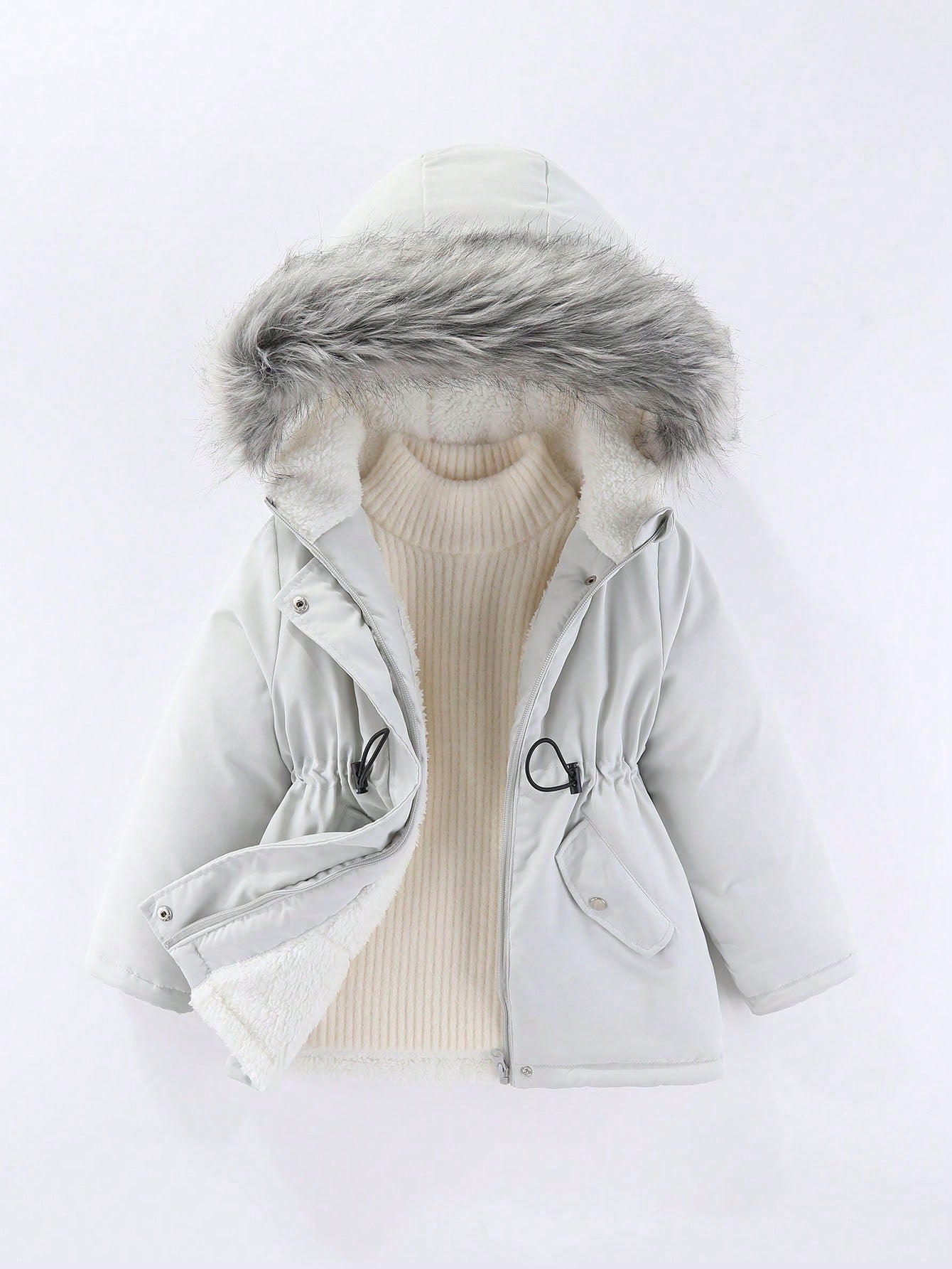 Young Girl Mid-Length Drawstring Waist Fuzzy Hooded Winter Coat