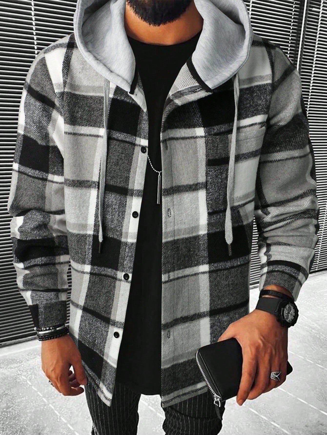 Men Plaid Drawstring Hooded Shacket Without Tee