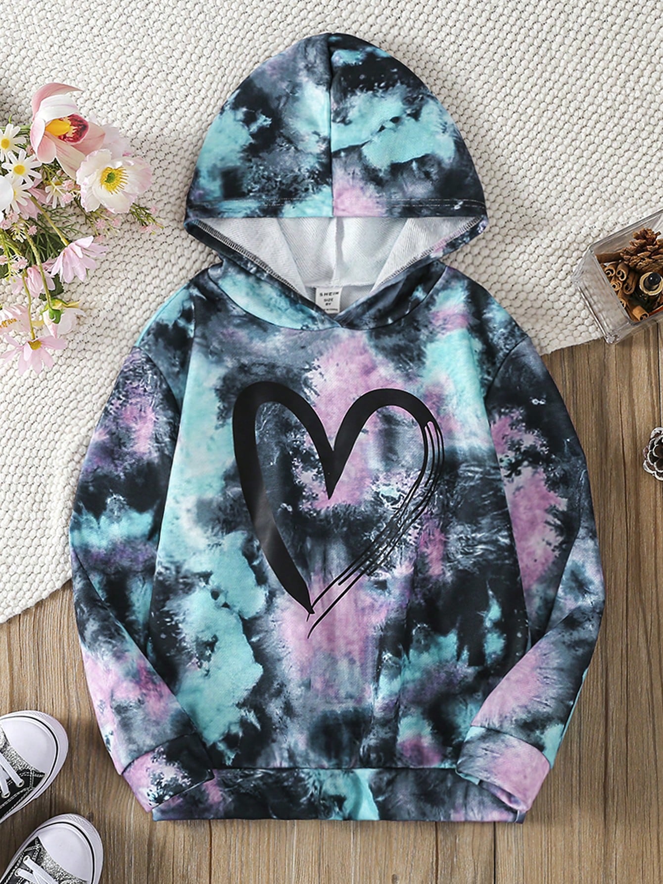 Tween Girl Tie Dye Heart Print Hoodie