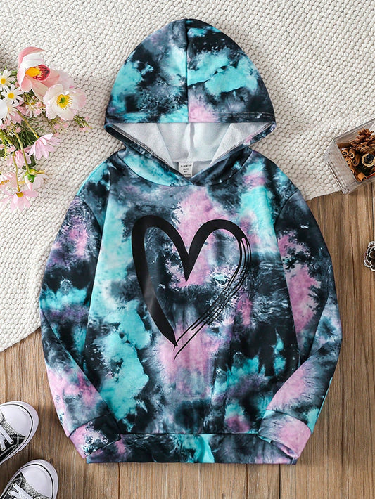 Tween Girl Tie Dye Heart Print Hoodie