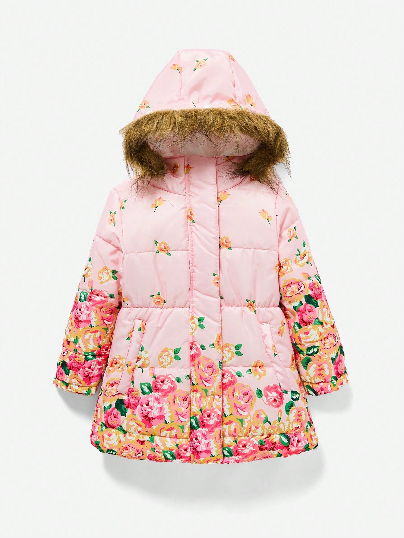 Little Girl's Floral Printed Furry Hat Padded Coat