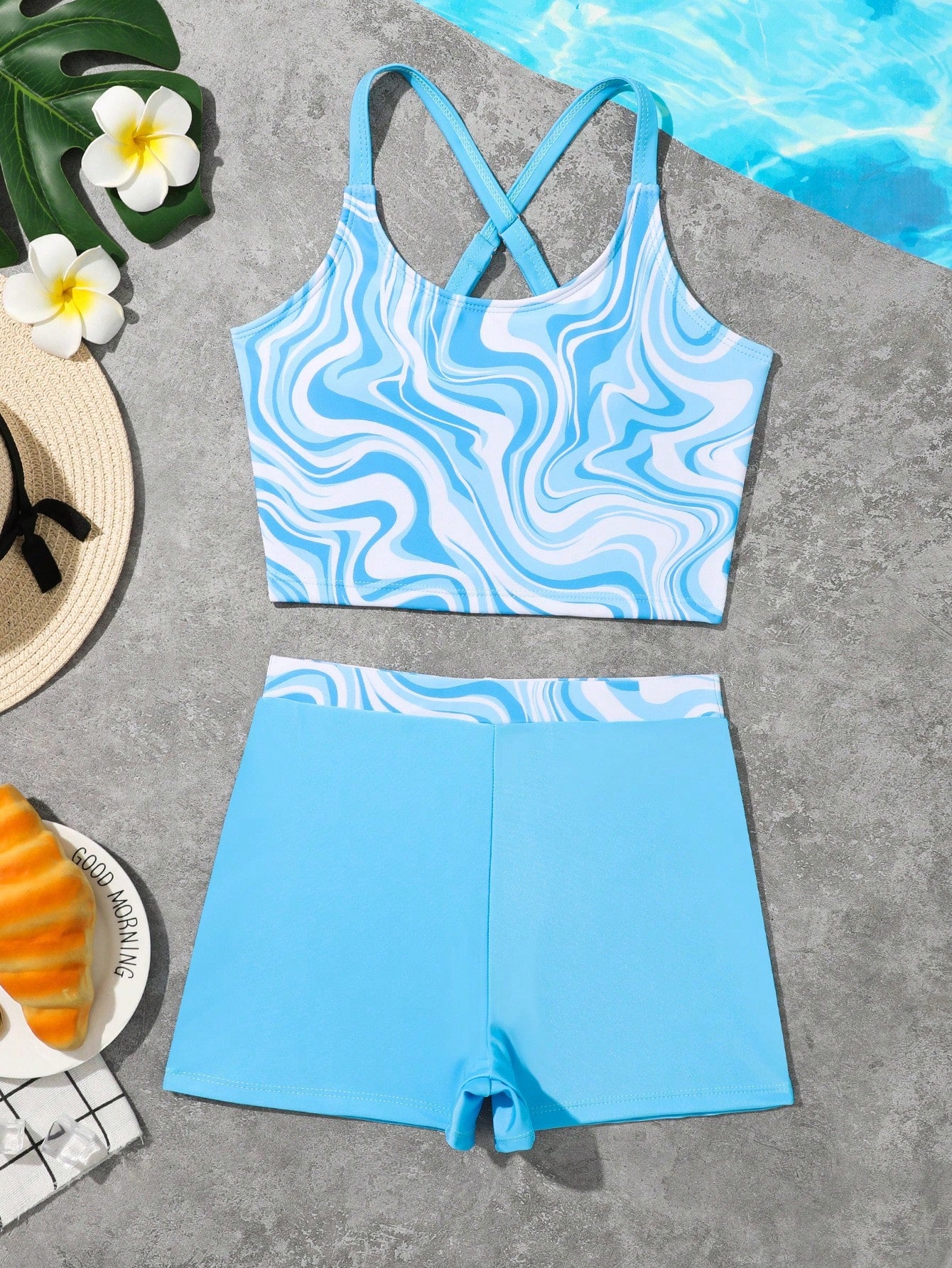 Tween Girl Marble Print Tank Top & Shorts Tankini Set