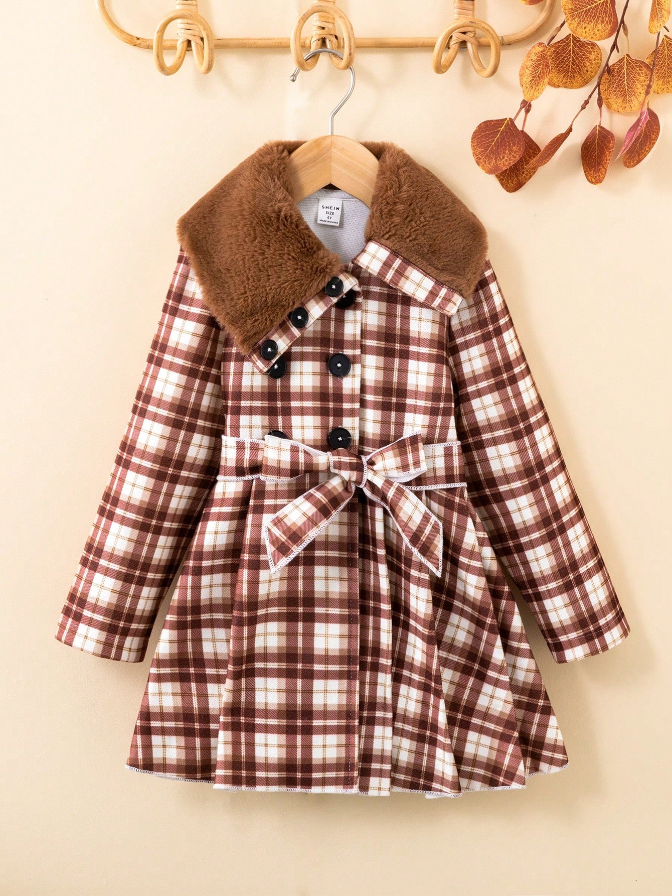 Young Girl Borg Collar Double Breasted Belted Overcoat