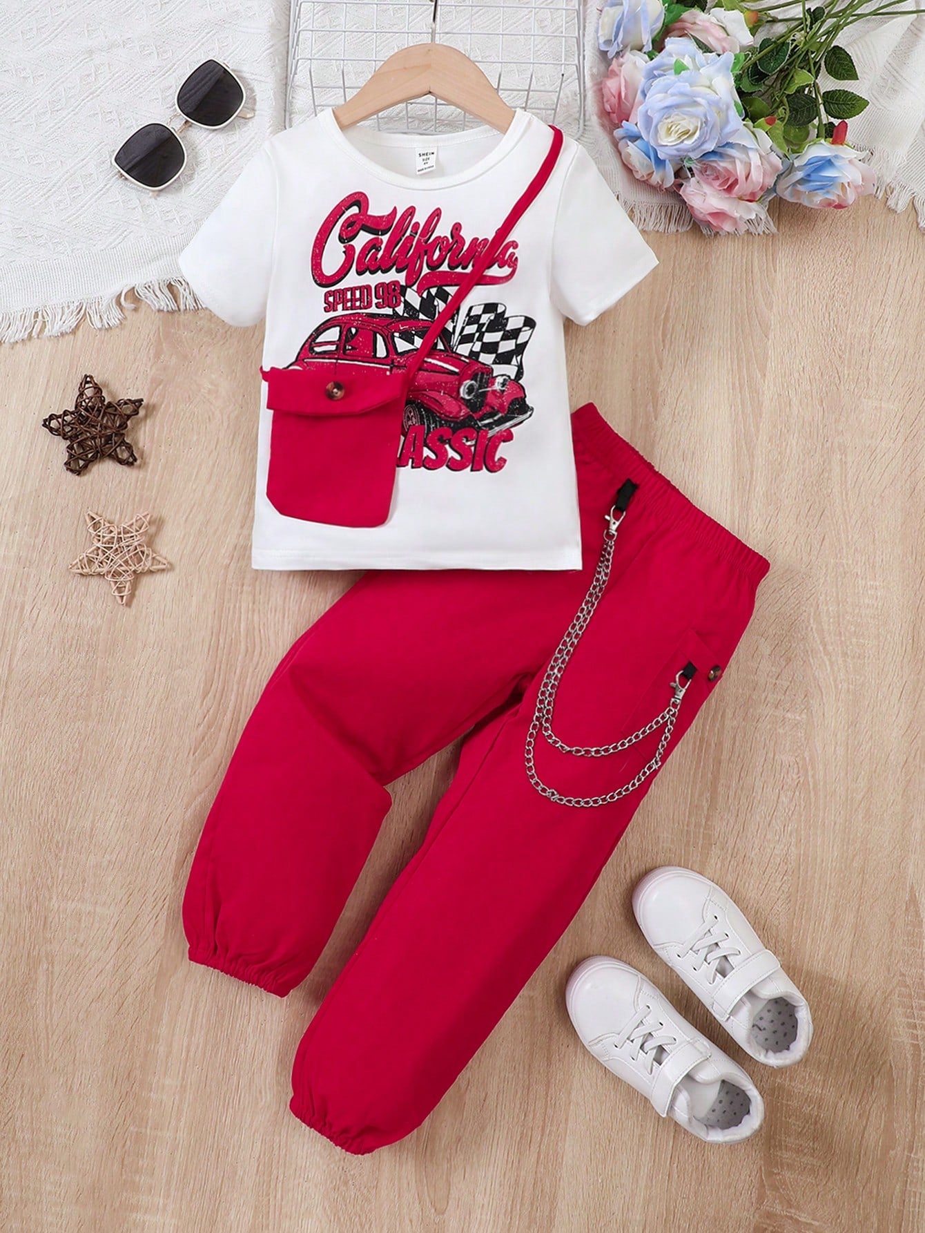 Young Girl Car & Letter Graphic Tee & Pants & Bag