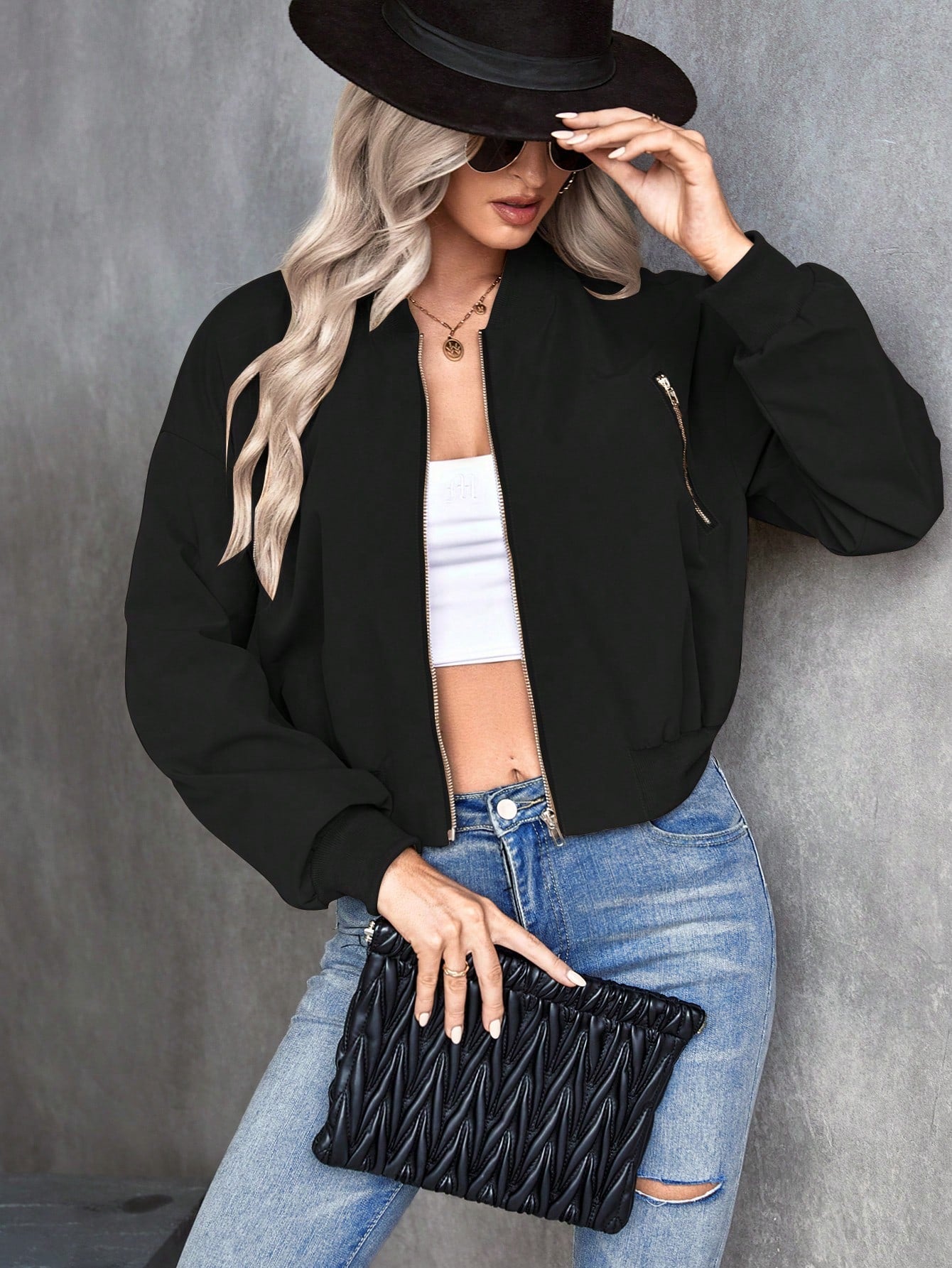 Frenchy Solid Color Zipper Closure Bomber Jacket