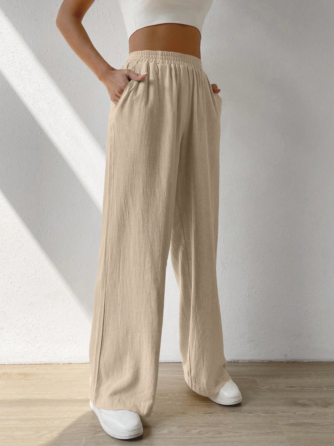 Casual Solid Slant Pocket Linen Wide Leg Pants, Summer Vocation