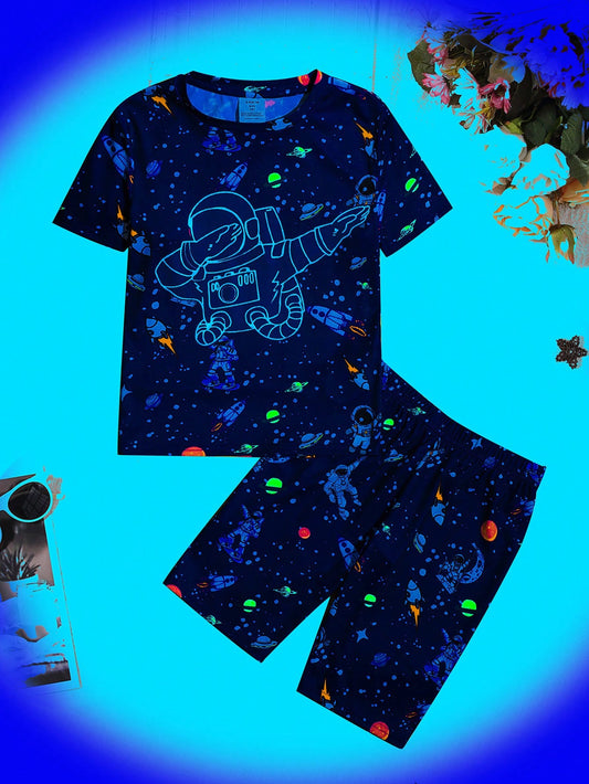 Tween Boy Astronaut & Galaxy Print Tee & Shorts Snug Fit PJ Set