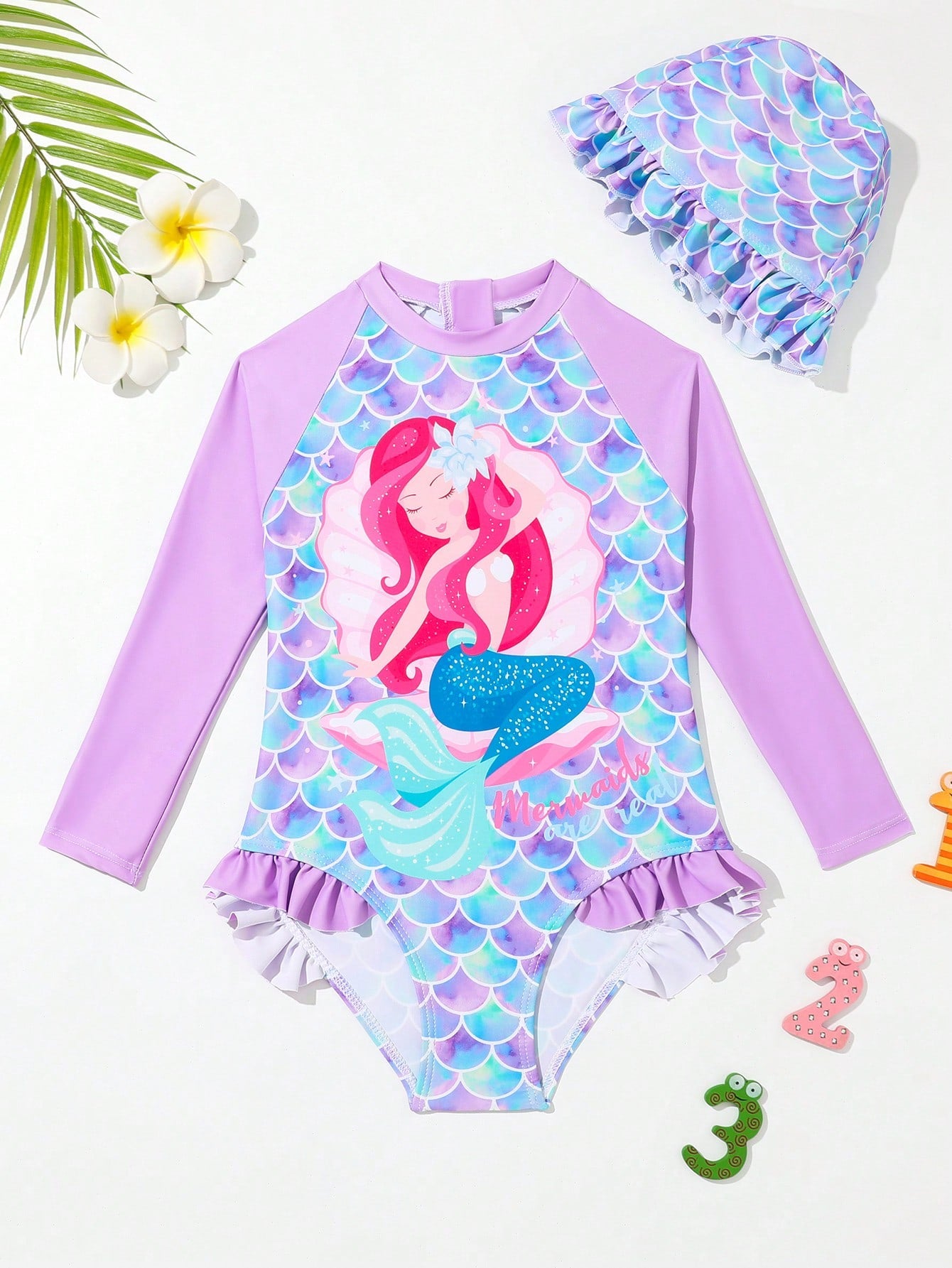 Young Girl Long Sleeve One-Piece Swimwear With Swim Cap, Suitable For Beach, Pool, And Indoor Swimming