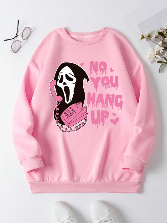 Cartoon And Text Printed Crew Neck Sweatshirt NO YOU HANG UP