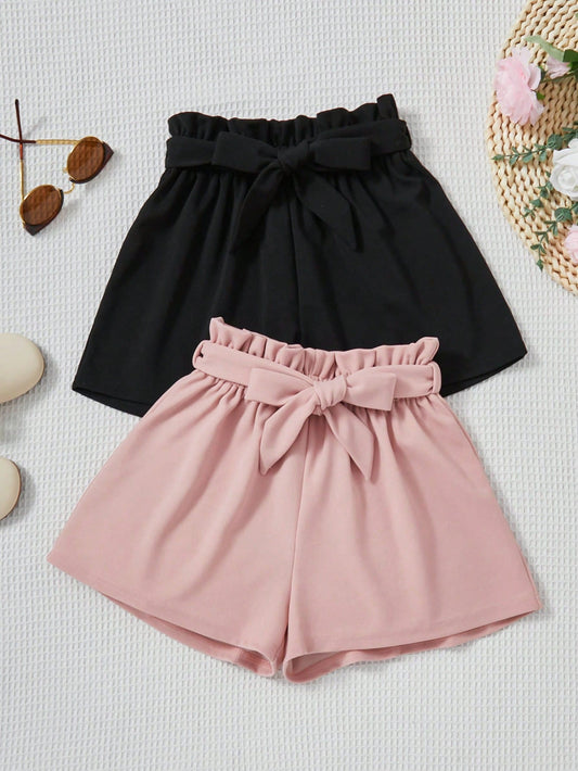 Tween Girl 2pcs Paperbag Waist Belted Shorts