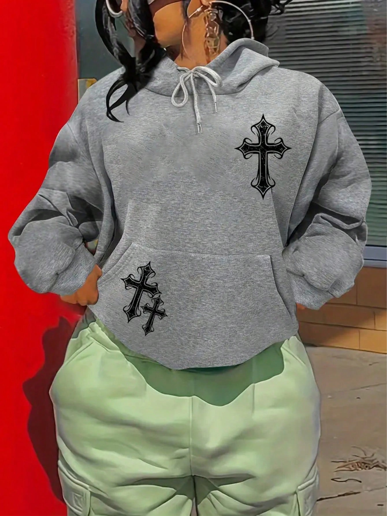 Cross Print Kangaroo Pocket Drawstring Thermal Lined Hoodie