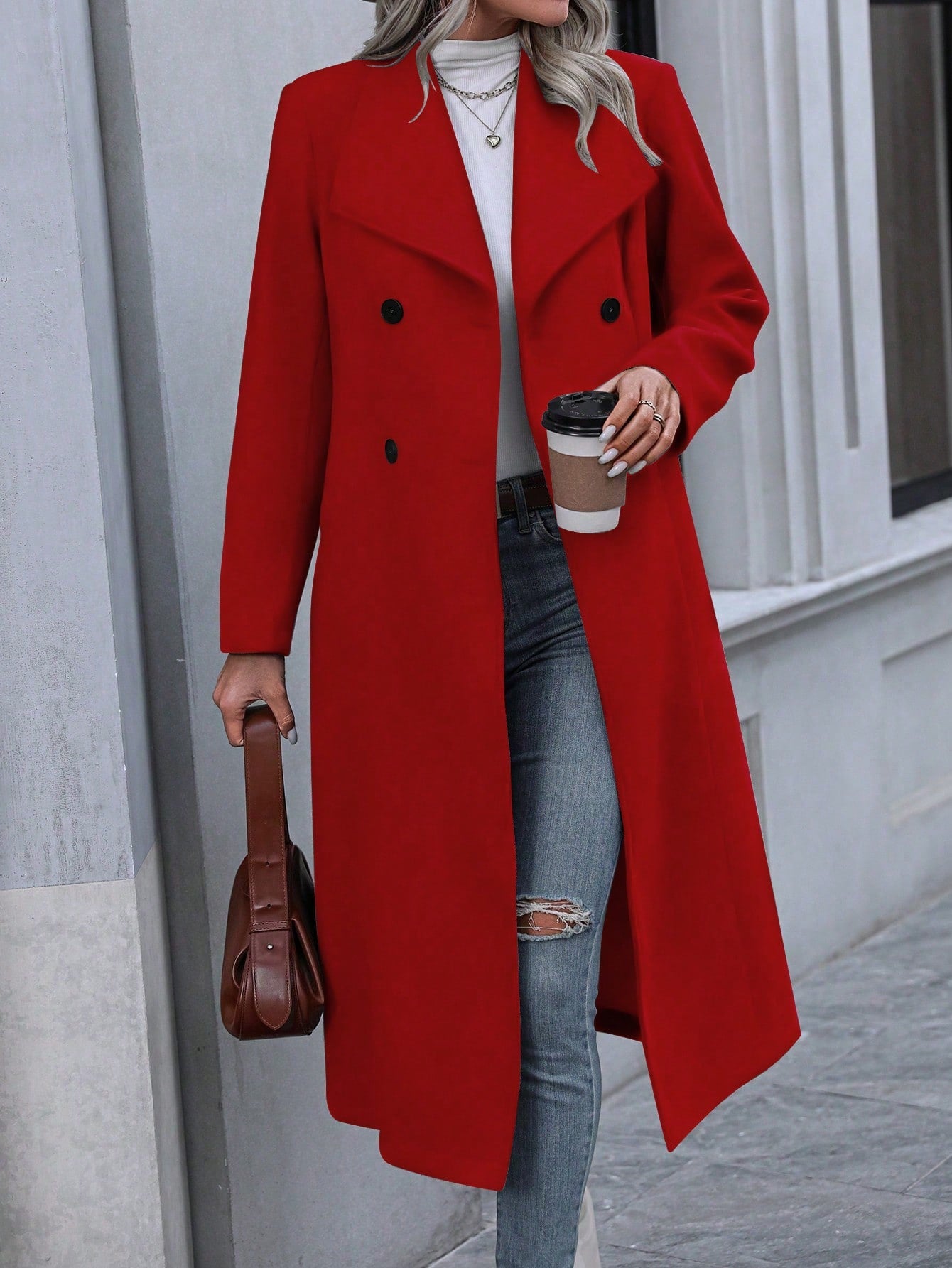 Solid Color Lapel Double-breasted Woolen Coat