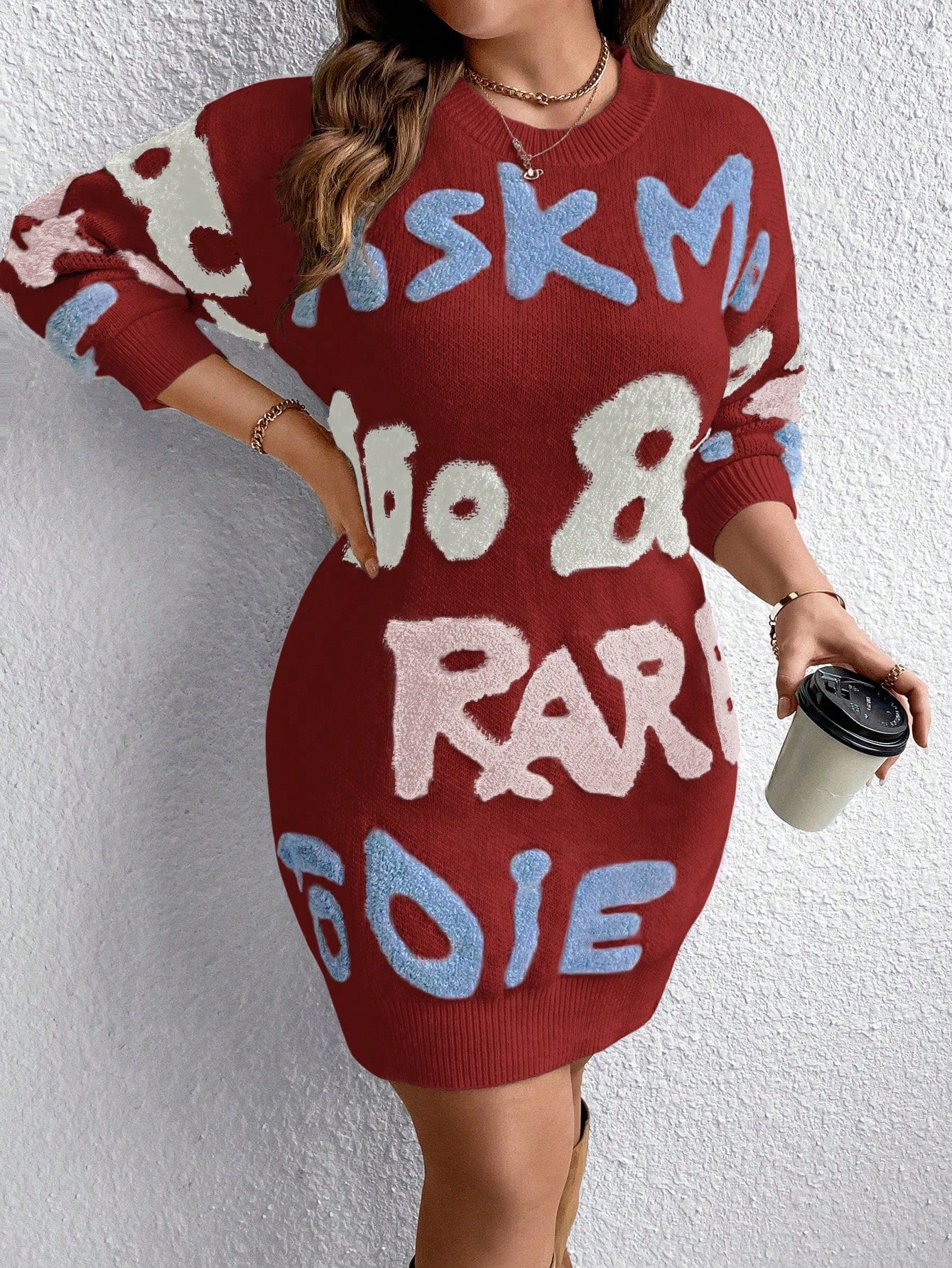 Plus Letter Pattern Drop Shoulder Sweater Dress