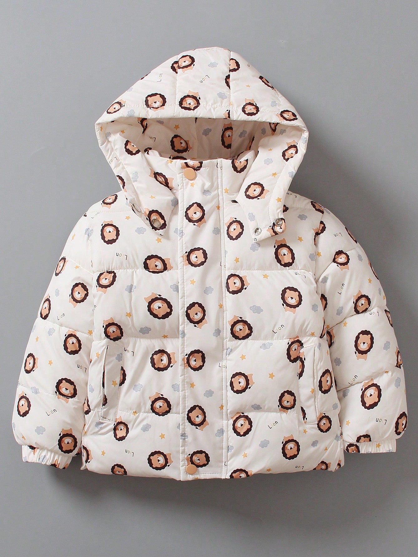 Little Boys' Ribbed Lion Print Hooded Padded Jacket