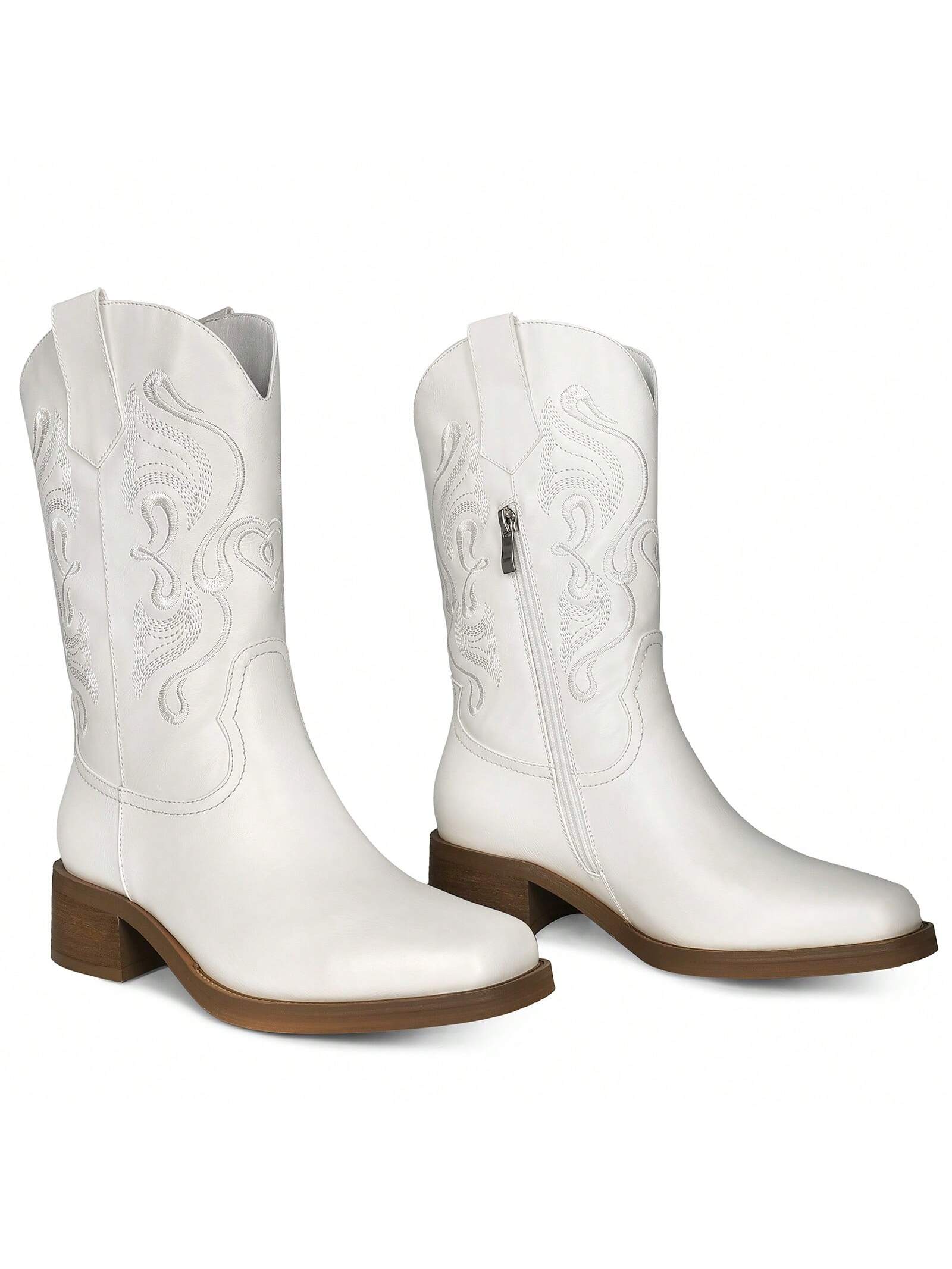 ISNOM Cowgirl Cowboy Boots For Women, Western Boots With Side Zipper, Square Toe And Unique Embroidery Design