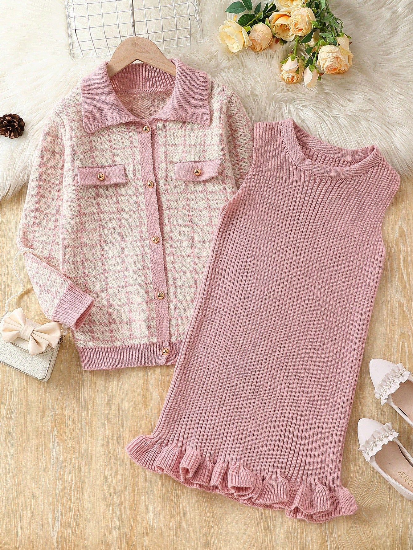 Young Girl Plaid Pattern Cardigan & Ruffle Hem Sweater Dress