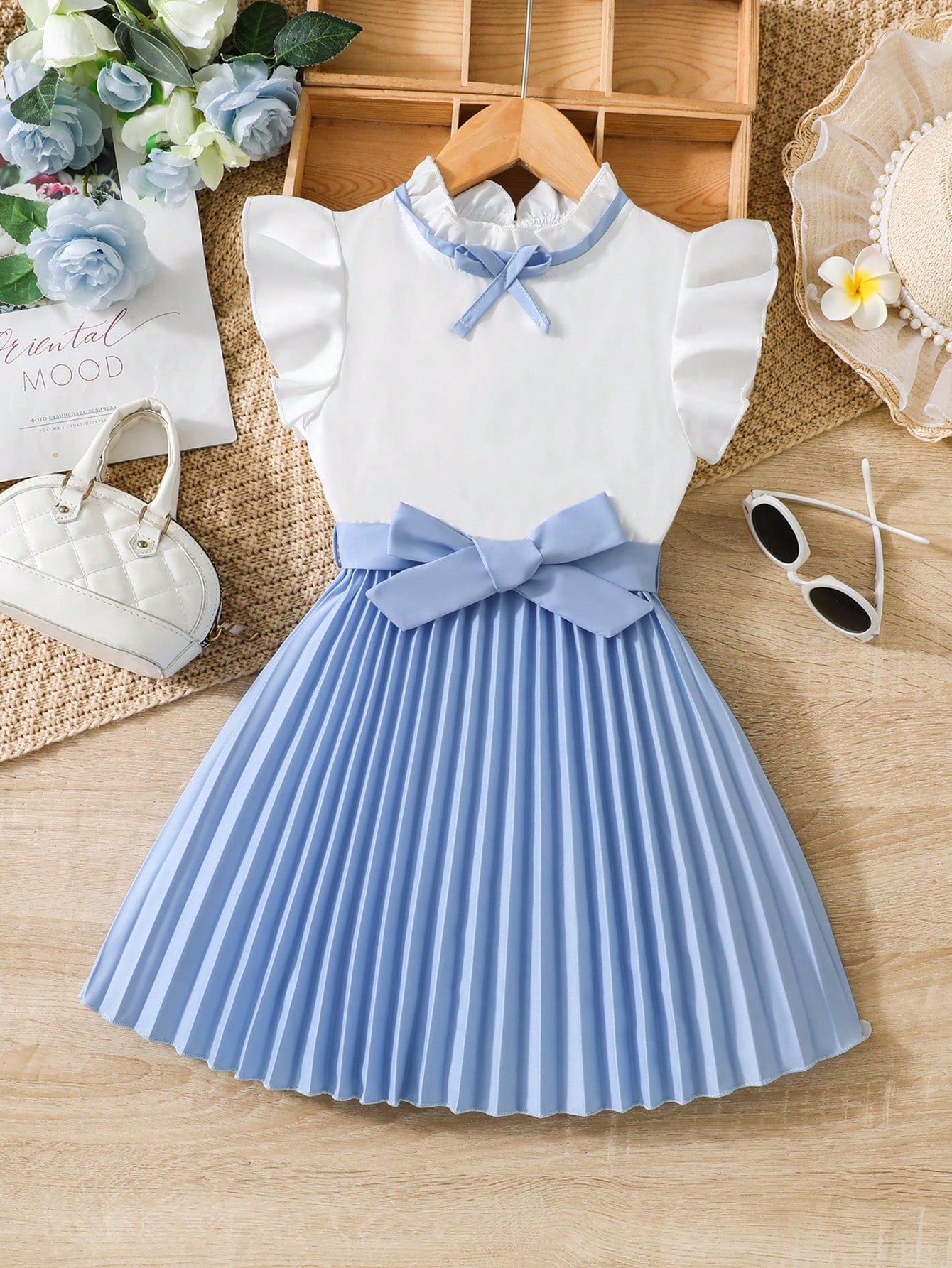 Young Girl Two Tone Bow Front Ruffle Trim Pleated Hem Dress