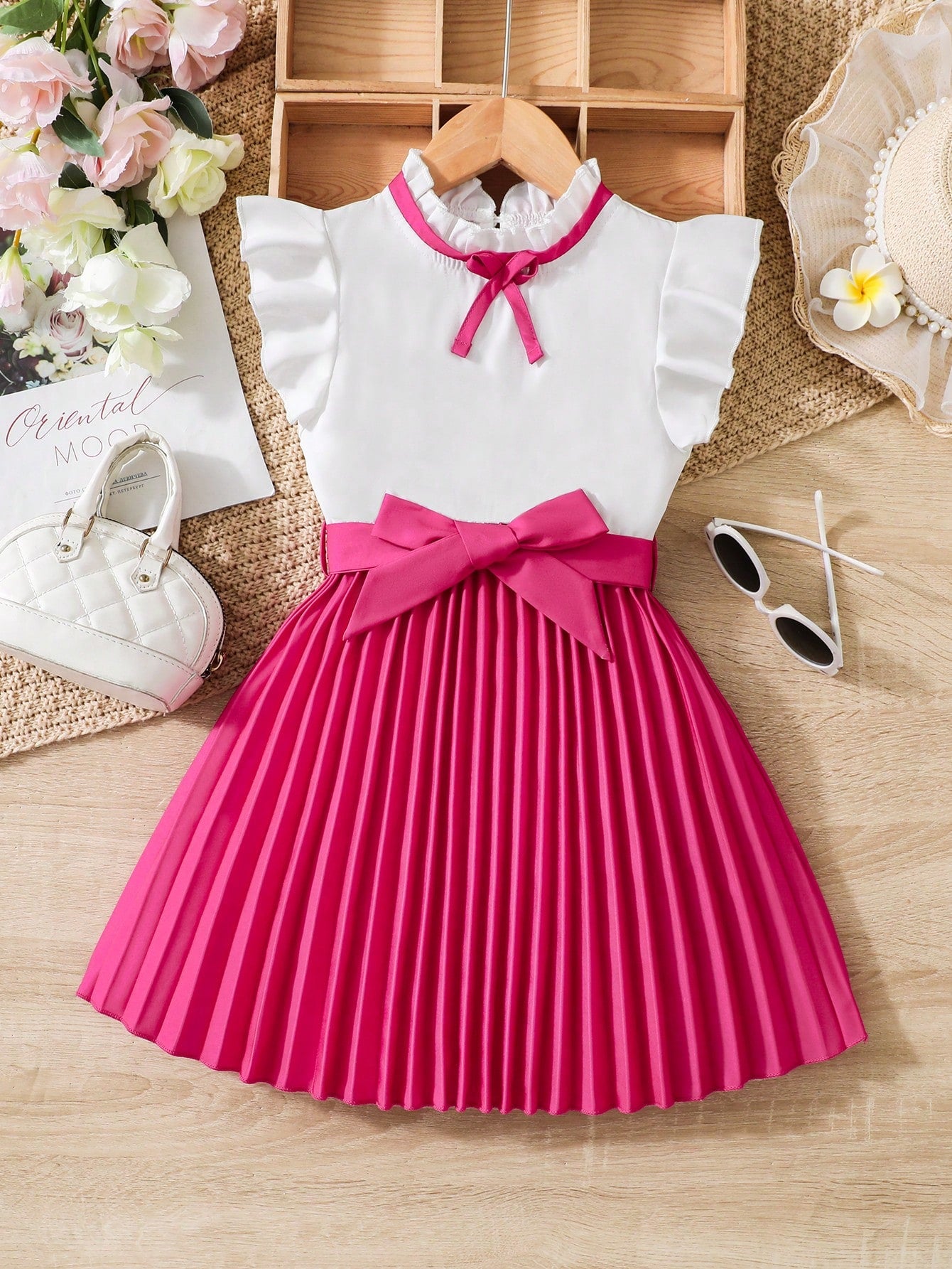 Young Girl Two Tone Bow Front Ruffle Trim Pleated Hem Dress