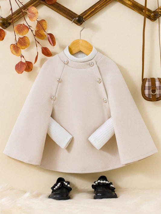 Young Girl Beige Color Splice Button Cape Shawl Detail Ladylike Style Woolen Coat For Autumn And Winter