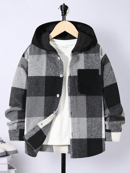 Tween Boy Casual Hooded Shirt With Checkered Plaid Patchwork Design