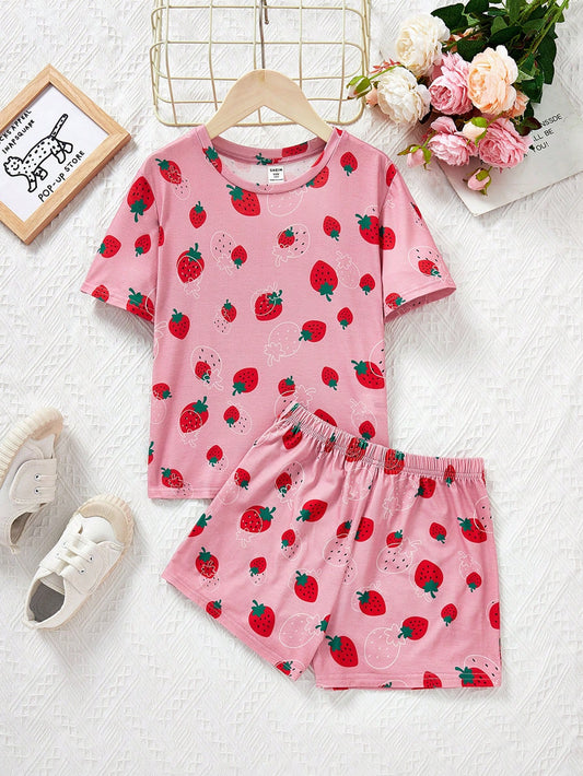 Tween Girl Strawberry Pattern Knitted Short Sleeve Top And Shorts Pajama Lounge Set For Daily Wear