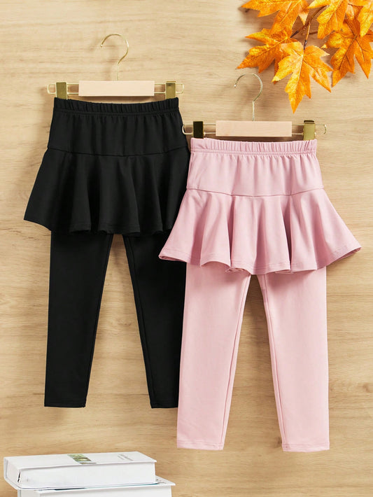 Young Girl Sporty Knitted Plain Ruffle Trim Leggings For Streetwear