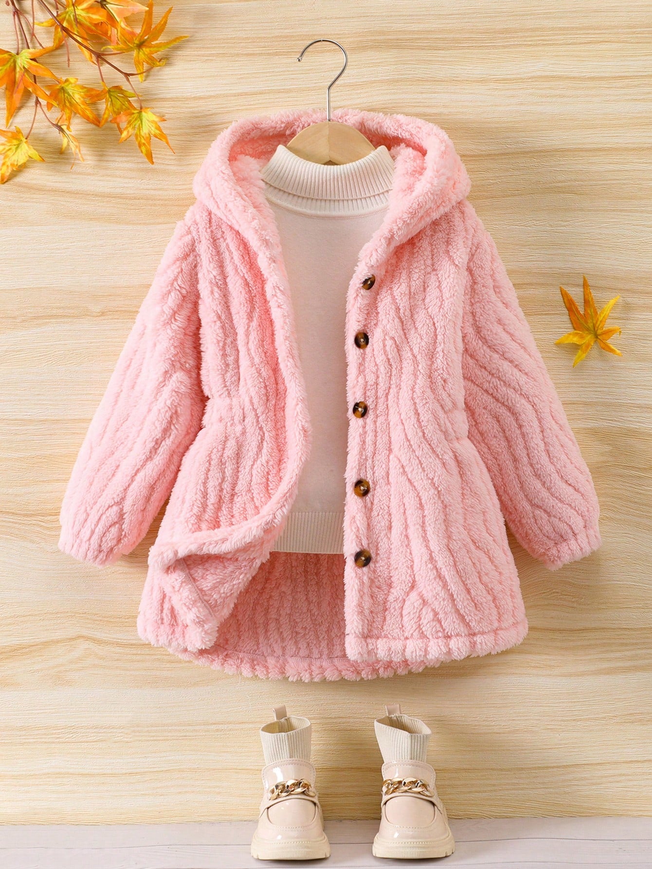 1pc Plush And Warm Hooded Long Sleeve Girls' Coat, Classic Street Style