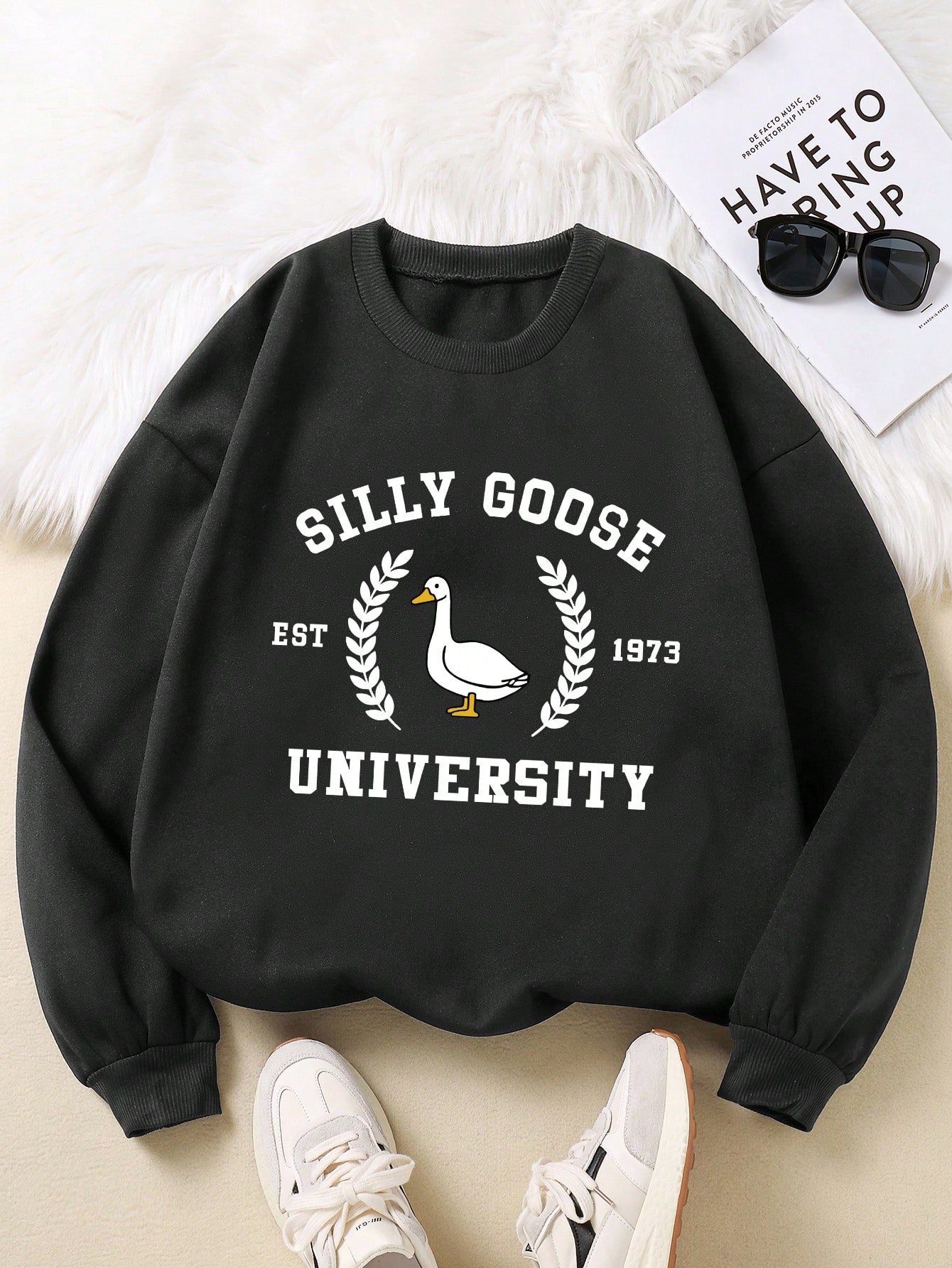 Women's Plus Size Letter Print Crew Neck Sweatshirt, SILLY GOOSE EST 1973 UNIVERSITY