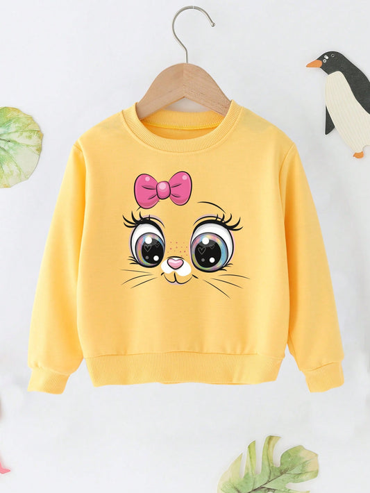 Young Girl 1 Piece Of Cute Cat Head Print Sweatshirt In Autumn And Winter