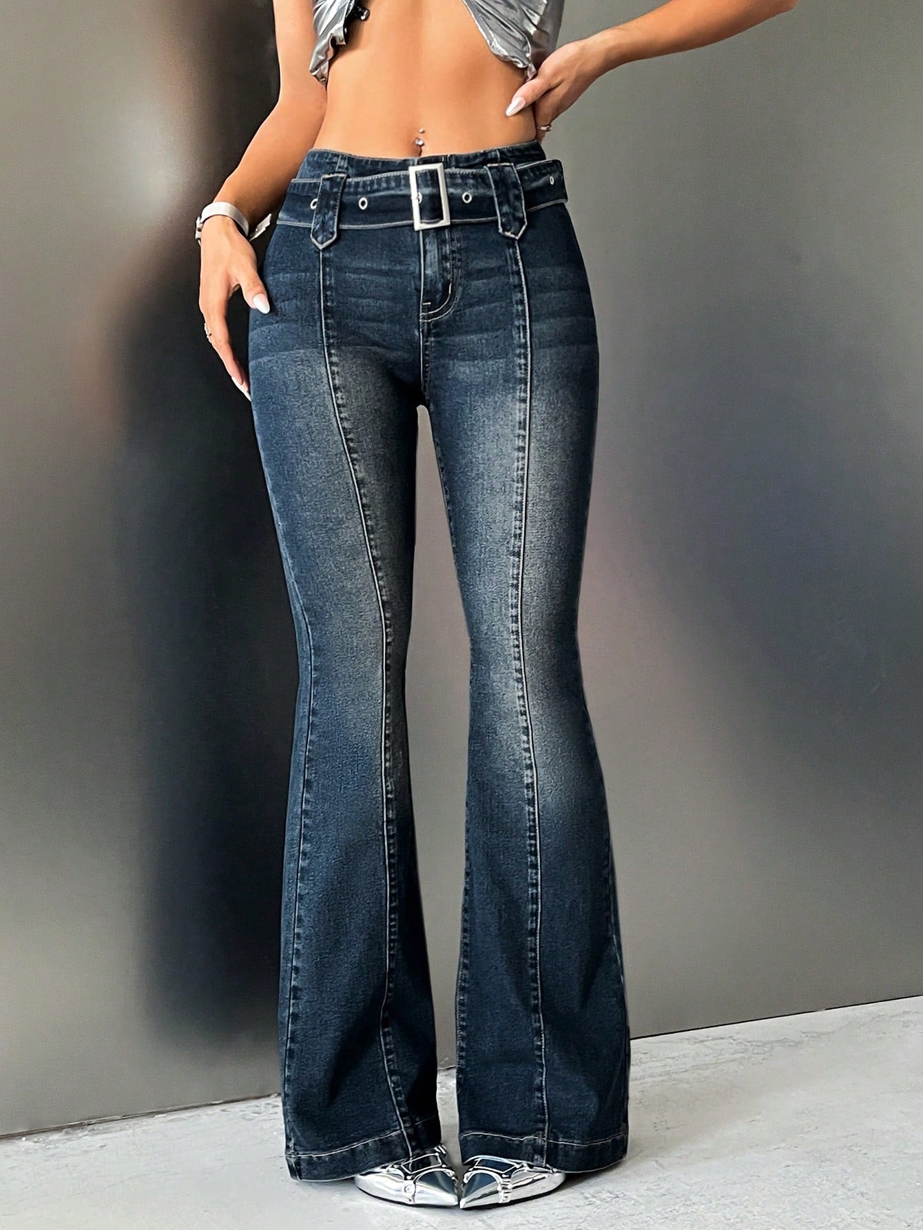 Low-rise Belted Boot Cut Jeans