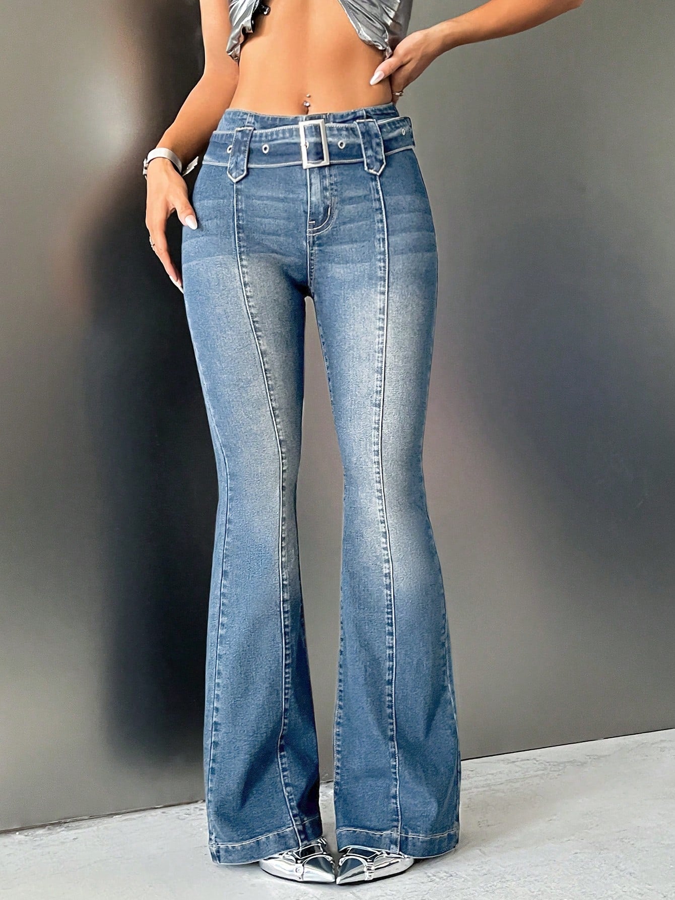 Low-rise Belted Boot Cut Jeans