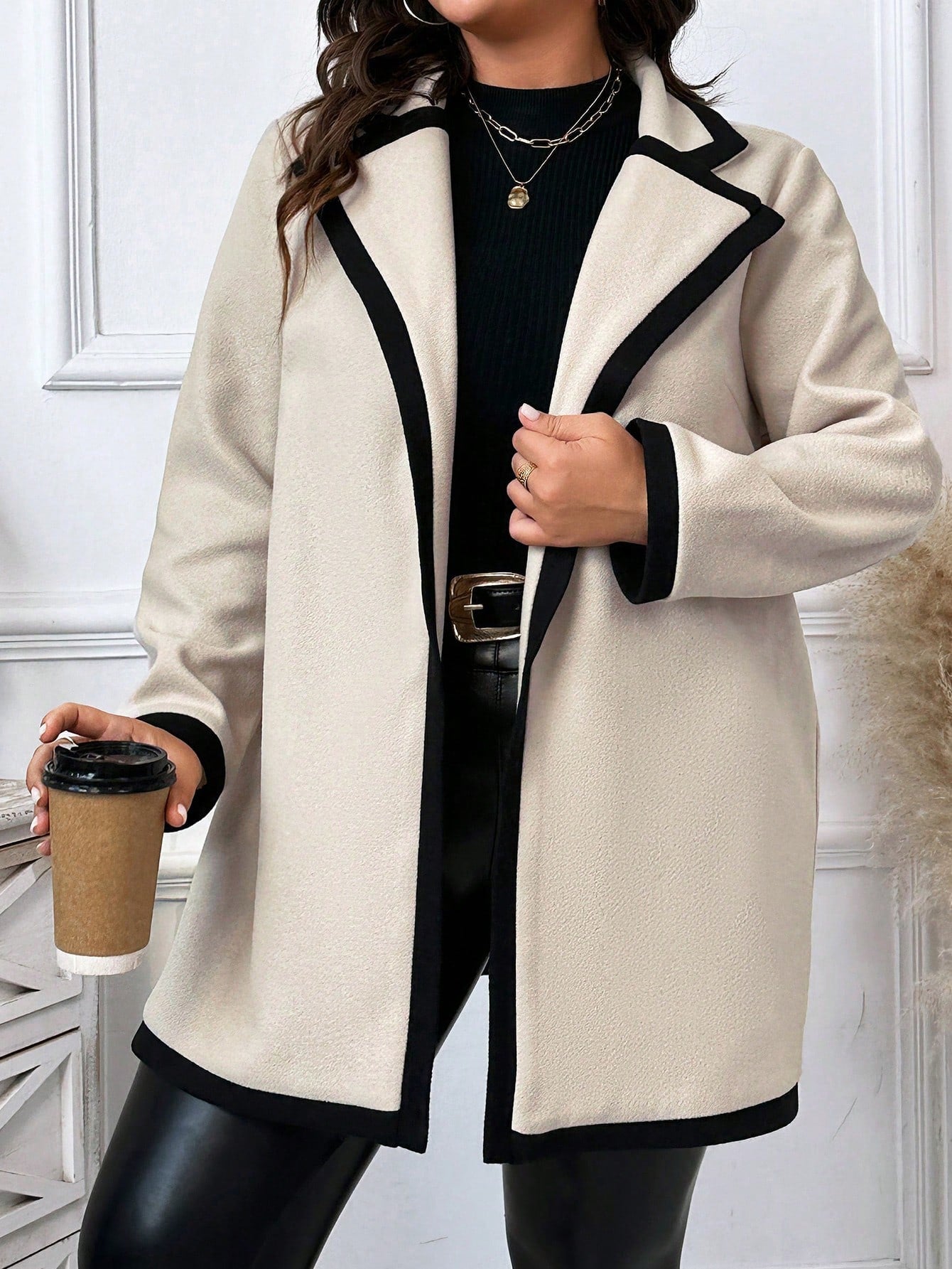 Plus Size Contrast Collar Woolen Coat With Hem Edge