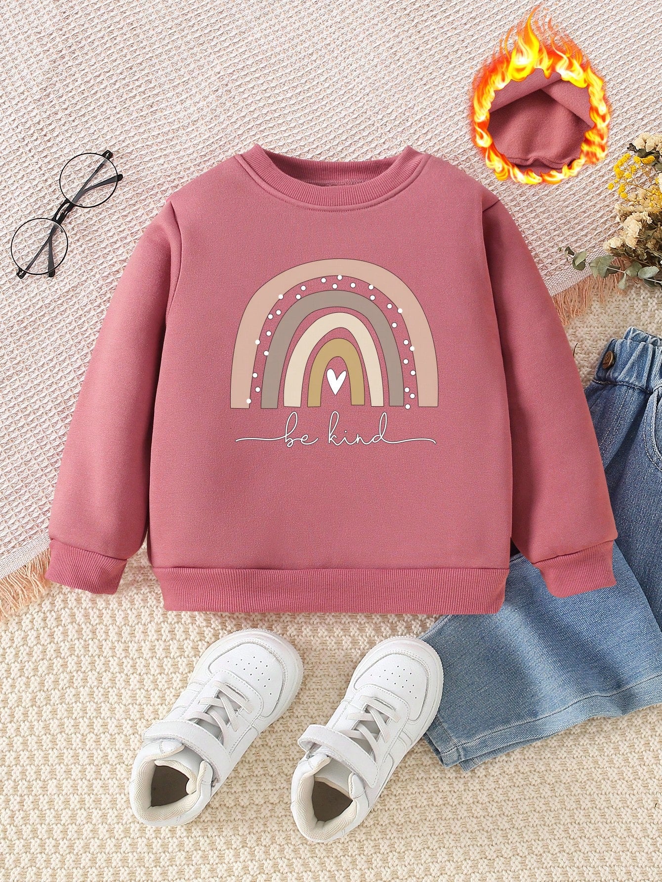 Young Girl Heart & Letter Graphic Thermal Lined Sweatshirt