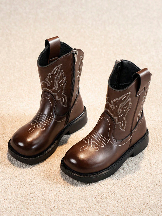 1pair Children Embroidered Leather Rubber Soft-Sole Mid-Calf Boots, Low-Top Flat Heel, Stylish For Spring And Autumn