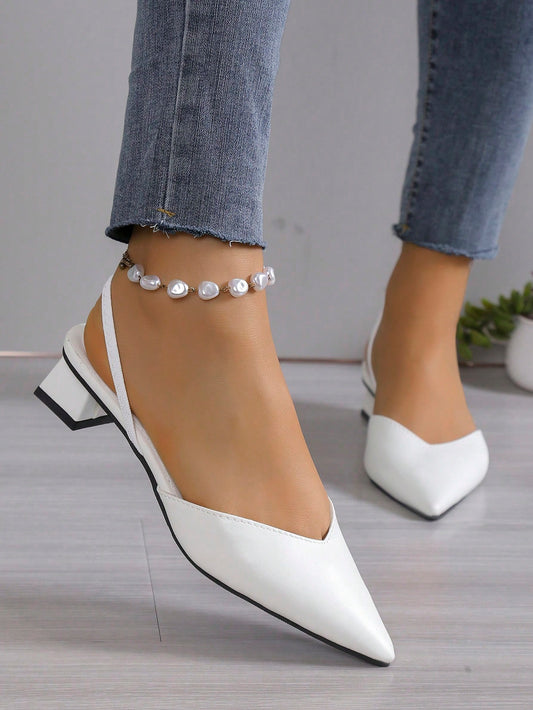 Women's Minimalist Elegant Chunky Heel Pumps With Fashionable Ankle Strap High Heels, White