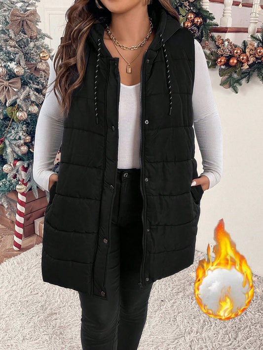 Plus Slant Pockets Drawstring Hooded Vest Puffer Coat