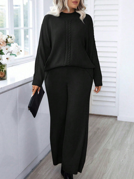 Plus Size Women's Stand Collar Cable Knit Sweater And Knit Pants Two-Piece Set