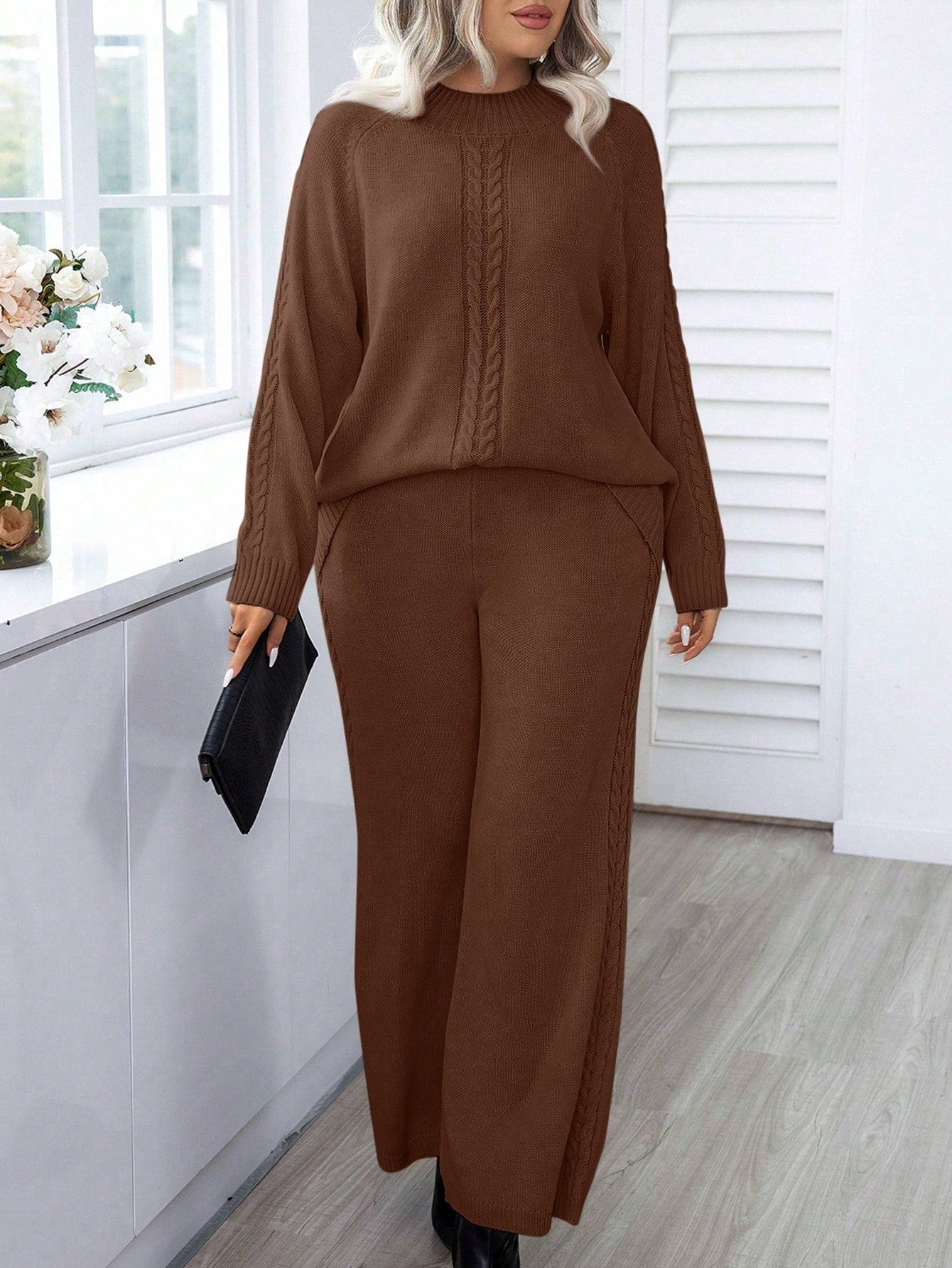 Plus Size Women's Stand Collar Cable Knit Sweater And Knit Pants Two-Piece Set