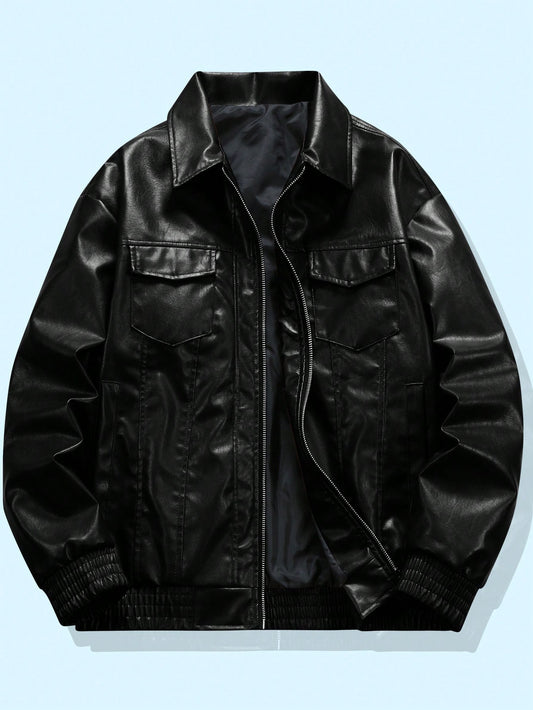 Men's Casual Solid Color Zipper Front Jacket With Flap Pockets