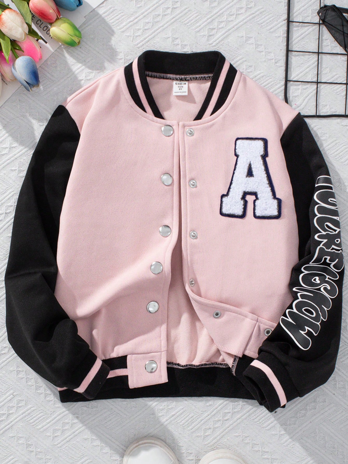 Tween Girl Letter Graphic Two Tone Varsity Jacket Without Tee