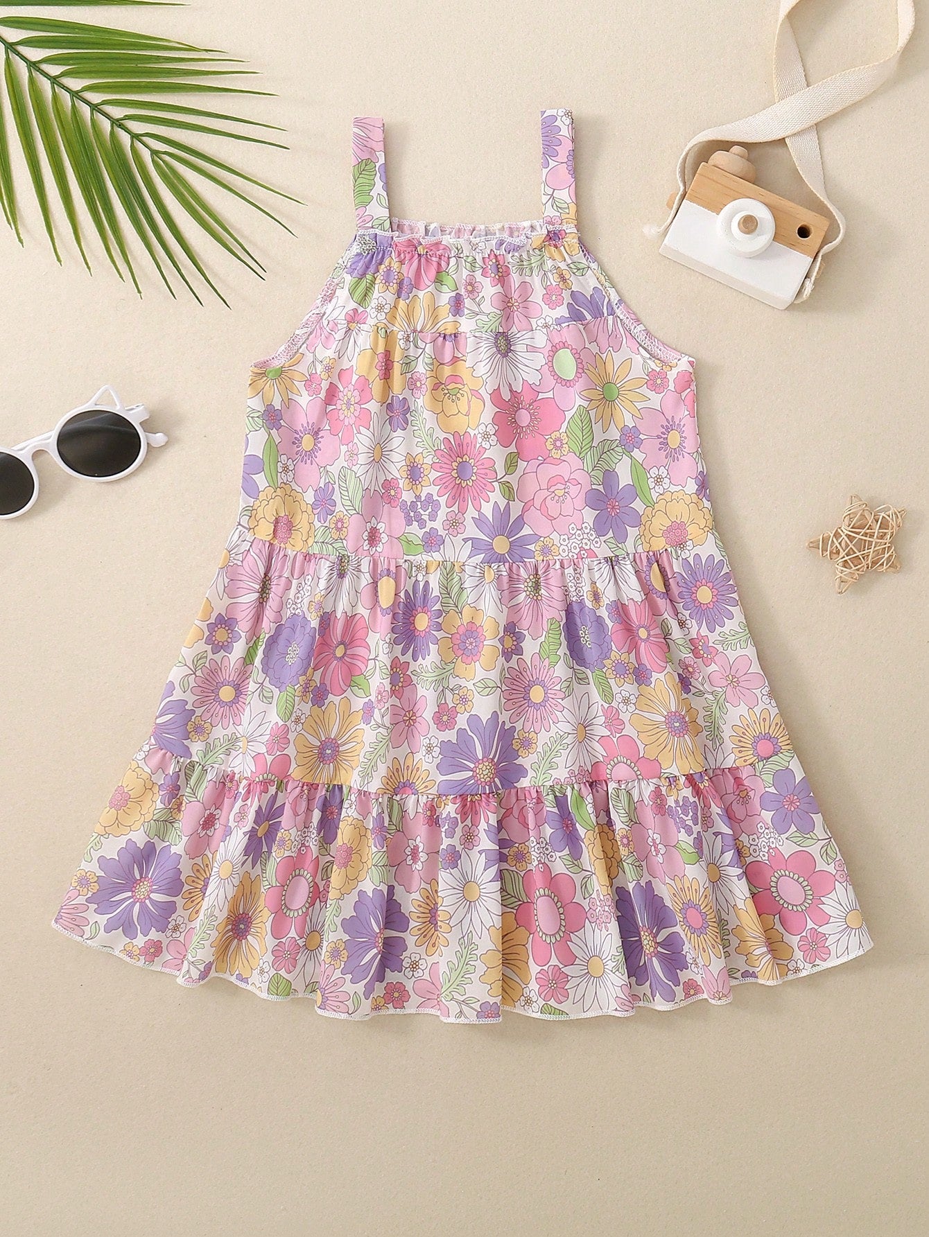 Young Girl Floral Pattern Spaghetti Strap Dress With Ruffle Hem