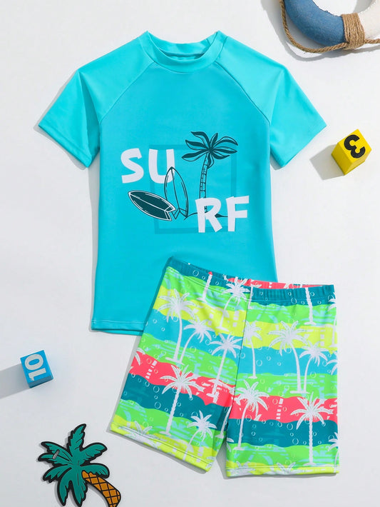 Tween Boy Tropical & Letter Print Swimwear Set, Youth