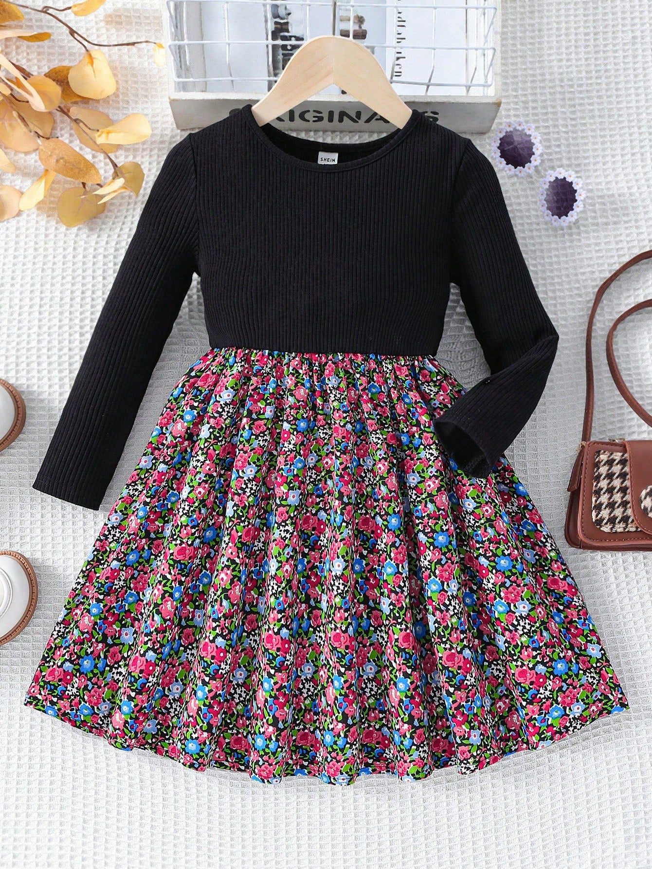 Young Girl Knitted Round Neck Patchwork Woven Floral Dress