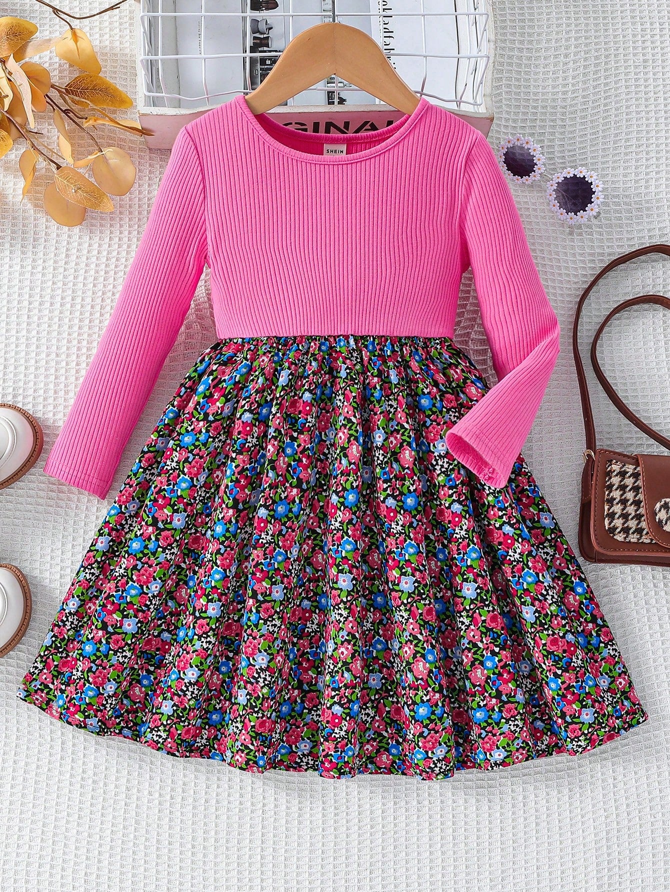 Young Girl Knitted Round Neck Patchwork Woven Floral Dress