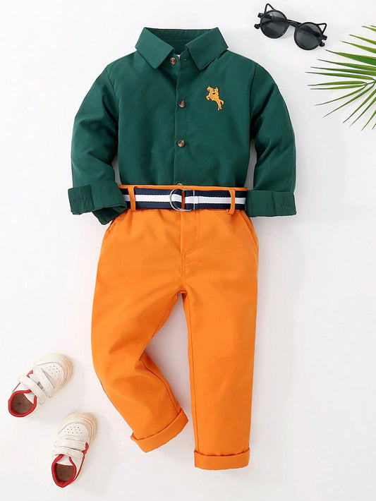 Young Boy's Gentleman 2pcs Set: Dark Green Long-Sleeved Shirt And Suit Pants With Belt; Suitable For Birthday Parties, Evening Parties, Performances, Weddings, And Baby Full Moon Celebrations.